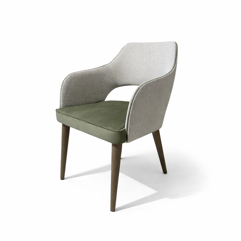 The Turim Dining Chair, shown against a white background, features wooden legs, a textured light gray backrest and sides, and an olive green cushioned seat for a modern retro look.