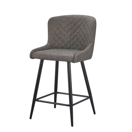 The Diamond Barstool features a modern brown PU leather seat with gray quilted diamond stitching, a curved backrest, sturdy black metal legs, and a footrest—ideal for your kitchen island.