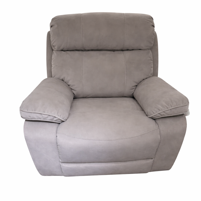 The Newbury Recliner Sofa is a plush, light gray manual armchair with cushioned seat, backrest, and armrests in easy-clean fabric, displayed from the front on a white background.