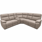 Jude Corner Sofa in taupe leather, featuring a modular design with built-in cup holders in the center console and reclining seats on both ends.