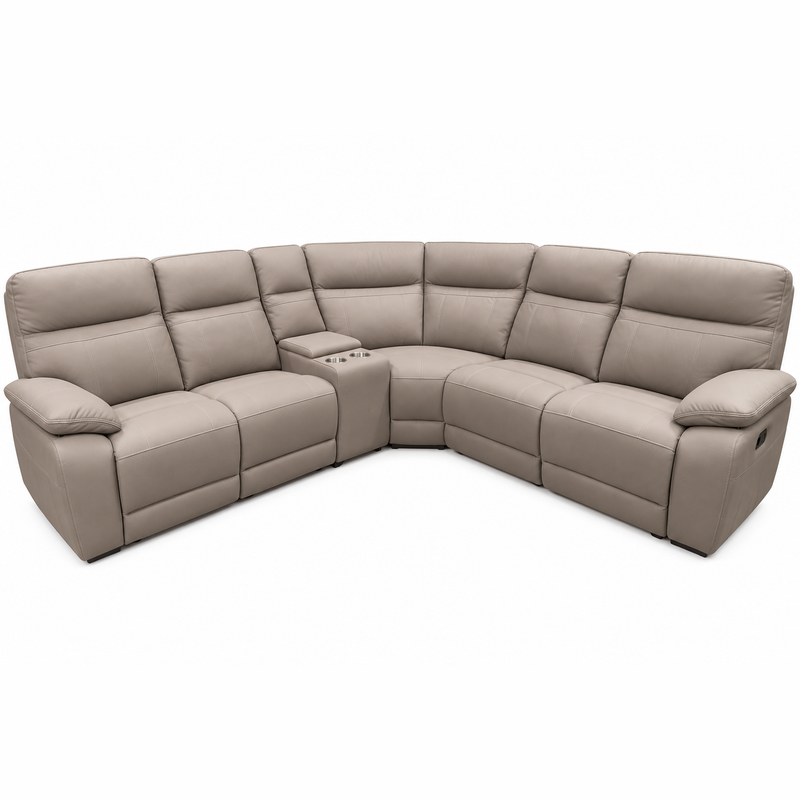 Jude Corner Sofa in taupe leather, featuring a modular design with built-in cup holders in the center console and reclining seats on both ends.