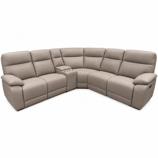 Jude Corner Sofa in taupe leather, featuring a modular design with built-in cup holders in the center console and reclining seats on both ends.