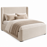 Azure Bedframe with a contemporary upholstered high wingback headboard and integrated side rails, styled with neutral-toned bedding and a knit throw blanket.