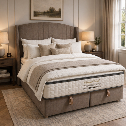 A cozy, well-lit bedroom features the Newbury Storage Bedframe in dark beige fabric with neutral bedding, two wooden nightstands with lamps, a landscape painting above the bed, and a window adorned with cream curtains.