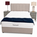 A beige Fairmont Divan Set - Special with stylish headboard, white mattress, dark blue blanket at the foot, and matching nightstands with lamps on either side, all set against a plain white background.