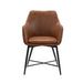 The Charlotte Dining Armchair by vendor-unknown showcases a brown faux leather cushioned seat, curved backrest, and sleek black metal legs, displayed against a white background.
