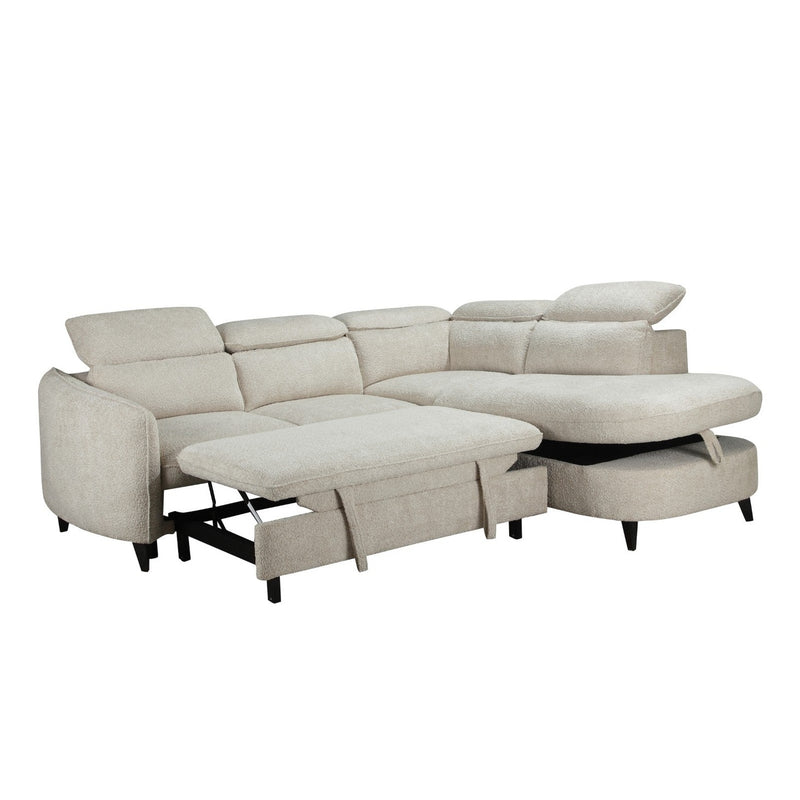 The Quebec Corner Sofabed With Storage is a light beige L-shaped sofa bed with adjustable headrests, black legs, pull-out sleeper, hidden storage, and a right-side chaise lounge for multifunctional comfort.