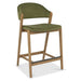 The Camden Counter Stool features light wooden legs, a green cushioned seat, a curved backrest, and a front metal footrest—blending comfort and vintage-inspired style in a modern retro design.
