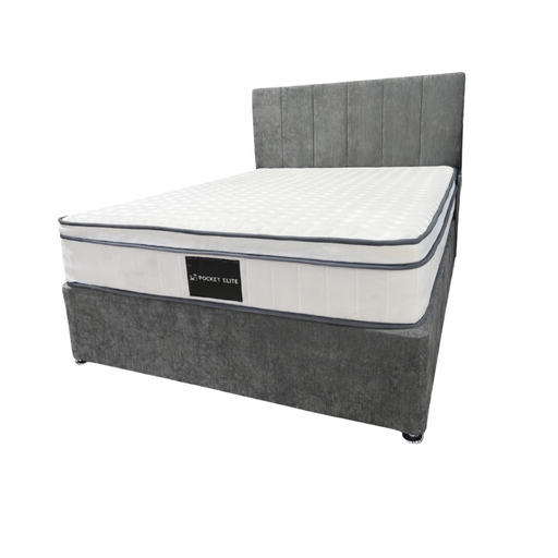 The Pocket Elite Divan Set - Special includes a grey upholstered divan with a tall, vertical-paneled headboard and a white plush mattress, all displayed on a plain white background—ideal for any modern bedroom.