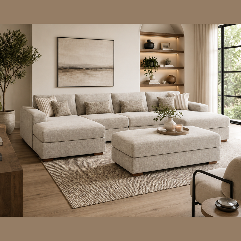 A modern living room featuring the Henley Sofa in beige chenille fabric, a matching ottoman, textured rug, large window, potted tree, wall shelves with decor, and a neutral abstract painting.