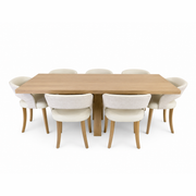 The Marlo 200cm Table is paired with six Willow Chairs featuring cushioned beige seats and wooden legs, all displayed against a plain white background.