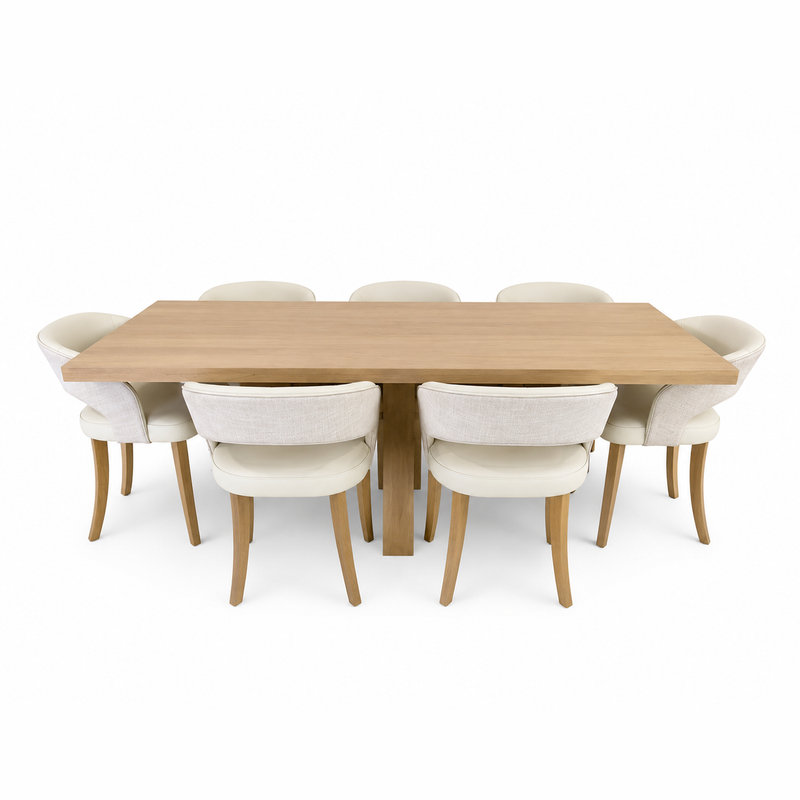 The Marlo 200cm Table is paired with six Willow Chairs featuring cushioned beige seats and wooden legs, all displayed against a plain white background.