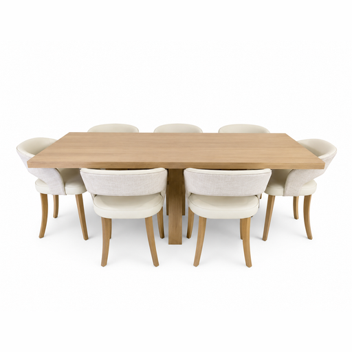 The Marlo 200cm Table is paired with six Willow Chairs featuring cushioned beige seats and wooden legs, all displayed against a plain white background.
