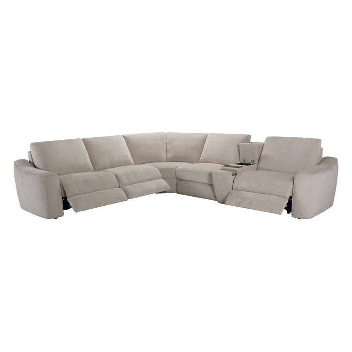 The Velora Corner Group is a light gray chenille modular sectional with two electric recliners and a built-in center console featuring cup holders.