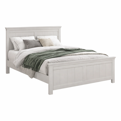 The Lima Bedframe is a modern white wooden bed with a paneled headboard and footboard, styled with white bedding, four neutral pillows, and a green textured blanket—an elegant touch for any taupe bedroom.