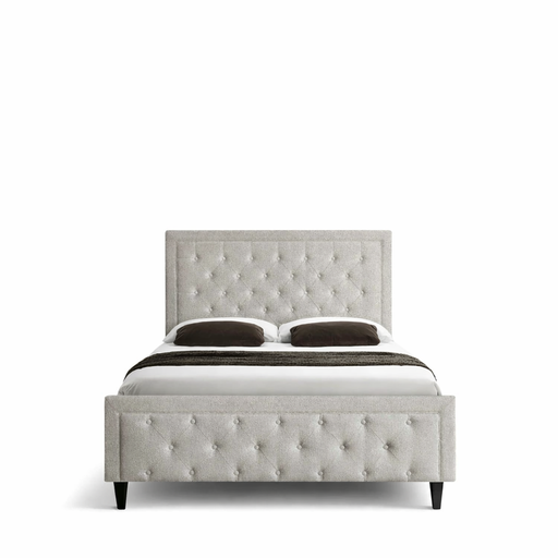 The Florence Bedframe showcases a modern design with a button-tufted light grey headboard and footboard, black legs, white bedding, and two dark throw pillows, all set against a white background for an elegant touch.