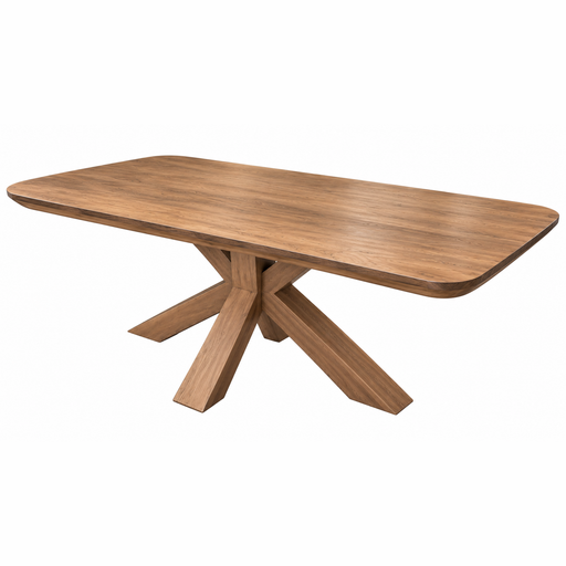Oslo Dining Table featuring a rectangular dark oak top with rounded corners and an intersecting spider leg base.