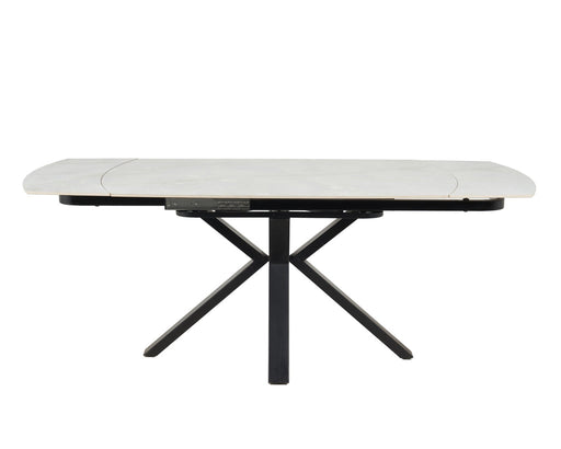 The Positano Swivel Dining Table features a modern rectangular design with X-shaped black metal legs and a sleek ceramic top, shown against a plain white background.