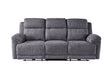 A front view of the Elenor Electric Reclining Range, a three-seater gray fabric sofa with plush cushions, padded armrests, and a contemporary design, is shown against a white background.