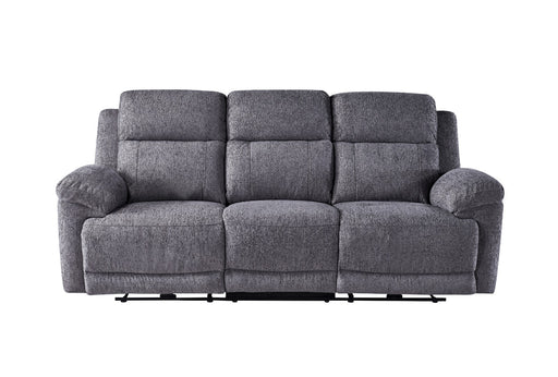 A front view of the Elenor Electric Reclining Range, a three-seater gray fabric sofa with plush cushions, padded armrests, and a contemporary design, is shown against a white background.