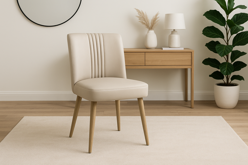 The Patrice Dining Chair, featuring taupe leather and wooden legs, is placed on a light rug in a minimalist room with a wooden console table, lamp, decorative vase, and potted plant against a cream-colored wall.