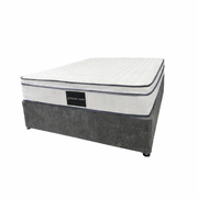 A white mattress labeled “Pocket Elite” sits atop a grey Standard Divan Base with short legs, set against a plain white background.