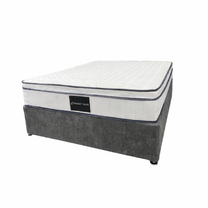 A white mattress labeled “Pocket Elite” sits atop a grey Standard Divan Base with short legs, set against a plain white background.