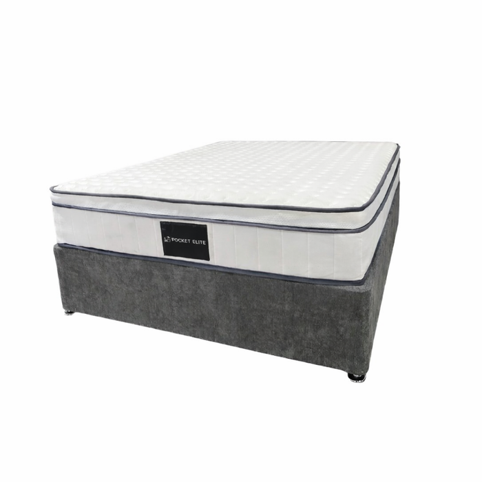 A white mattress labeled “Pocket Elite” sits atop a grey Standard Divan Base with short legs, set against a plain white background.