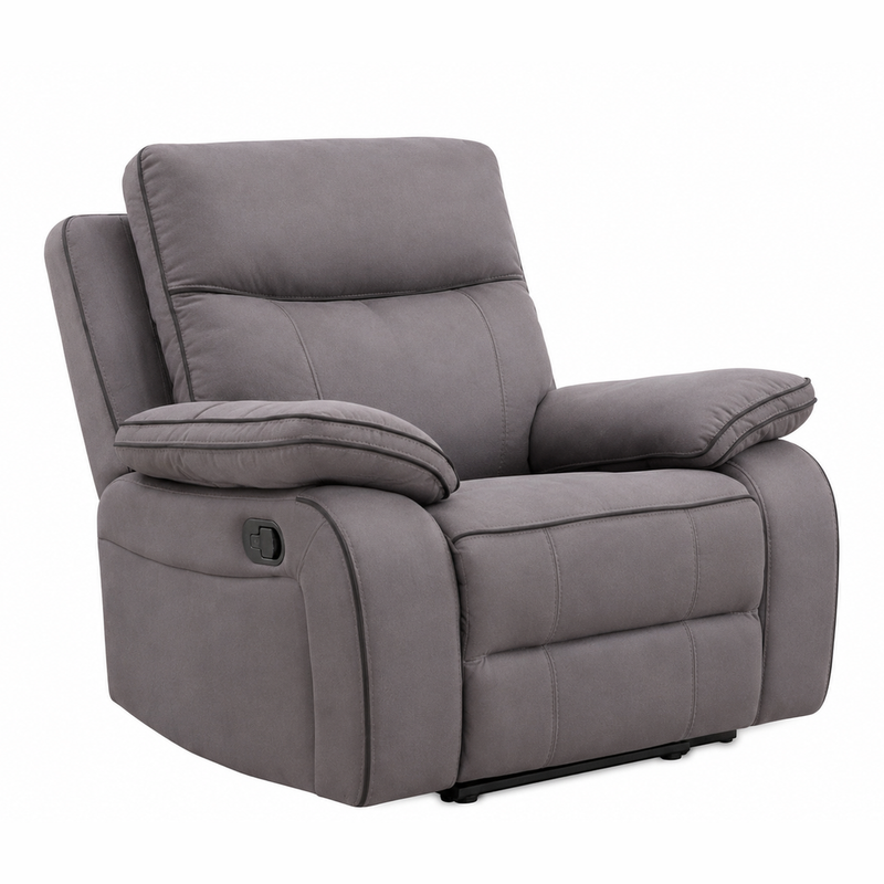 The Harper Recliner Range - Special is shown in dark grey fabric against a white background, featuring padded armrests and a cushioned backrest that emphasize its contemporary design.