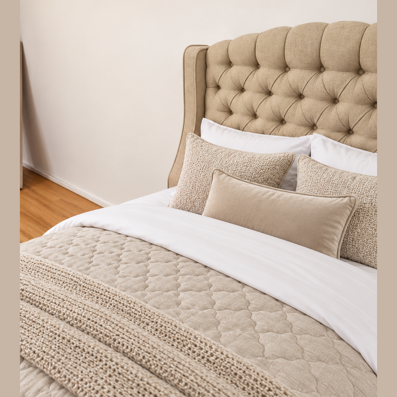 Ambassador Storage Bedframe featuring a tufted beige chenille upholstered headboard, dressed with white sheets, textured pillows, and a quilted coverlet.