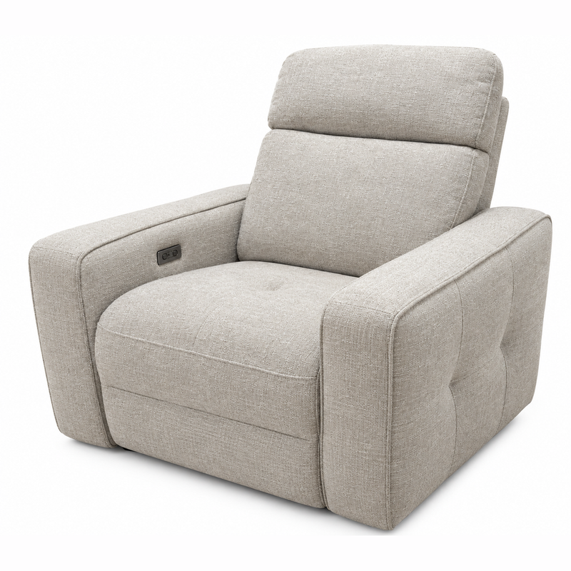 Lennox Electric Recliner Sofa in light gray with a power control button on the inner arm.
