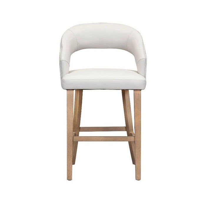The Willow Counter Stool features a modern curved, upholstered white seat and backrest, supported by four light wood legs with horizontal supports for added stability.