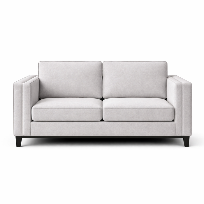 The Savannah 3+2 is a modern sofa in light gray stone fabric with square armrests and dark wooden legs, displayed against a plain white background.