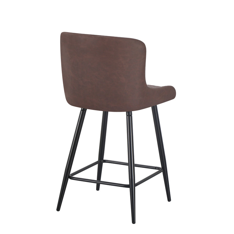 The Diamond Counter Stool features brown PU leather, a curved backrest, black metal legs, and a footrest—shown from behind against a white background. Perfect for adding style to your kitchen island.