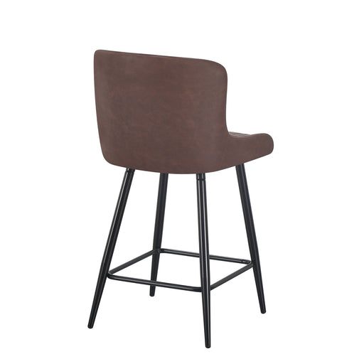 The Diamond Barstool features brown PU leather with quilted diamond stitching, a curved backrest, and four black metal legs with a connecting footrest—ideal for bringing style and comfort to your kitchen island.