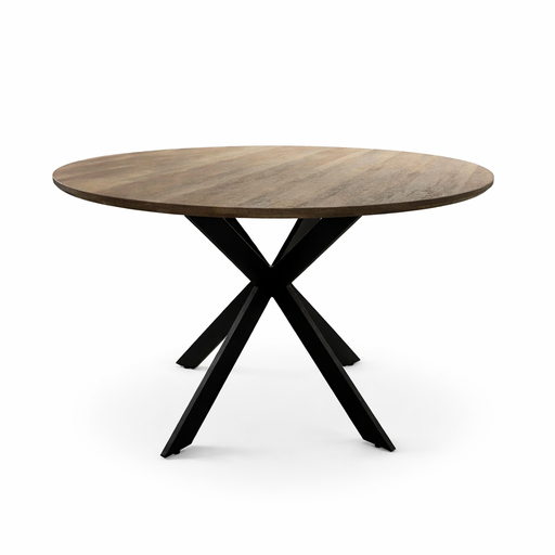 The Elson Round Dining Table features a round wooden top and sleek black X legs, shown against a plain white background.