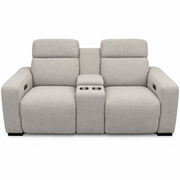 Lennox Electric Recliner Sofa in modern light gray, featuring two seats and a center console with two stainless steel cup holders.