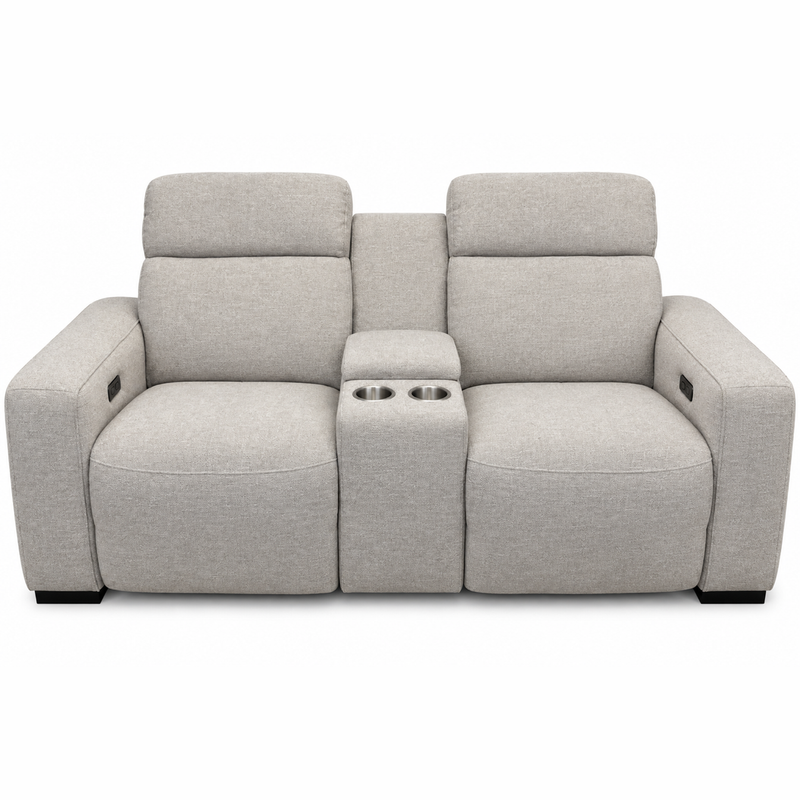 Lennox Electric Recliner Sofa in modern light gray, featuring two seats and a center console with two stainless steel cup holders.