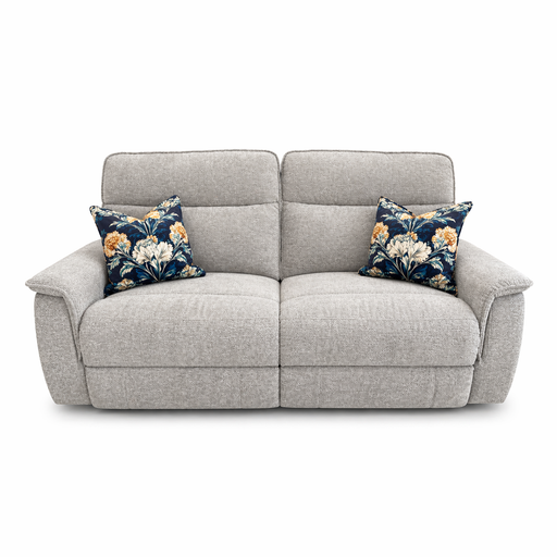 The Barrington Electric Recliner, in light grey durable upholstery, features two seat cushions, supportive back cushioning, and comes with two dark blue floral throw pillows. Shown against a white background.