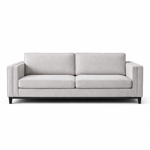 The Savannah 3+2 is a modern, elegant sofa in light gray stone fabric with two seat cushions, straight armrests, and black tapered legs, shown against a plain white background.