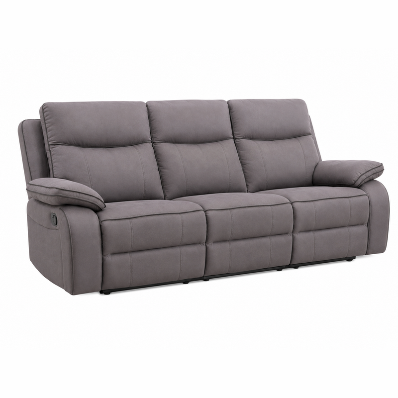 Introducing the Harper Recliner Range - Special: a contemporary three-seater sofa in dark grey fabric, featuring padded armrests and backrests for added comfort, upholstered in soft material and showcased against a white background.