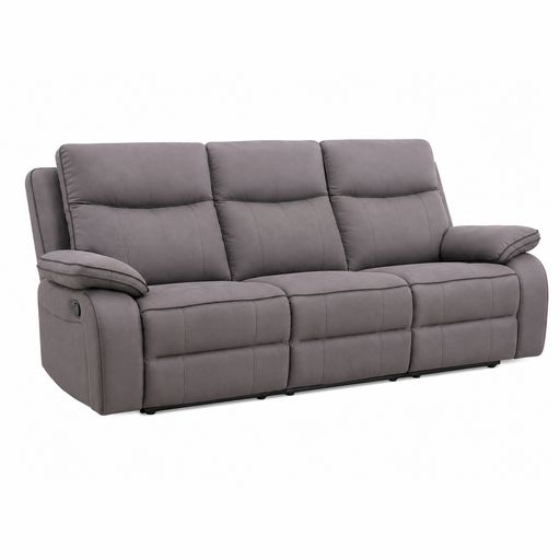 Introducing the Harper Recliner Range - Special: a contemporary three-seater sofa in dark grey fabric, featuring padded armrests and backrests for added comfort, upholstered in soft material and showcased against a white background.
