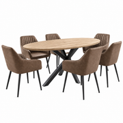 Elson Oval Table + 6 Enzo Brown Chairs featuring an oval wooden table with a black x-shaped base, surrounded by six brown upholstered chairs with black legs.