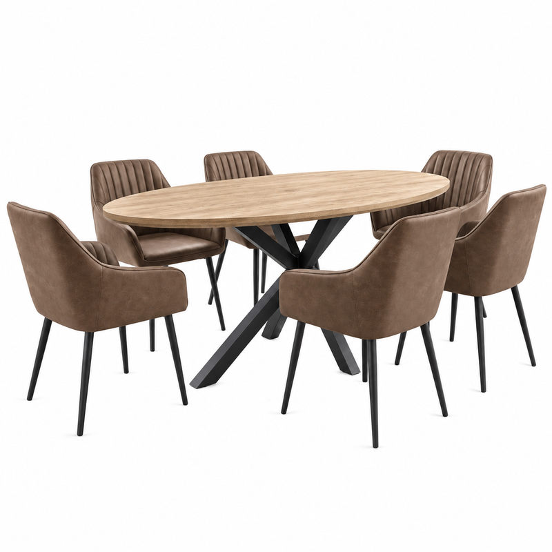 Elson Oval Table + 6 Enzo Brown Chairs featuring an oval wooden table with a black x-shaped base, surrounded by six brown upholstered chairs with black legs.