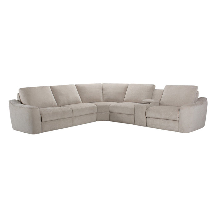 The Velora Corner Group is a spacious, light beige L-shaped modular sectional sofa with plush chenille cushions and a built-in console with cup holders, shown against a white background.