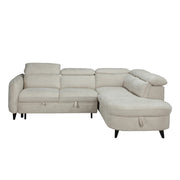 The Quebec Corner Sofabed With Storage is a light beige L-shaped sectional with adjustable headrests, textured upholstery, and black angled legs. This multifunctional sofa combines comfort and style, displayed on a white background.