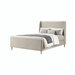 The Parma Bedframe is a modern luxury bed with a high headboard, light beige upholstery, wooden legs, and neatly arranged gray and white bedding with pillows, shown against a crisp white background.