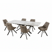The Sorrento Dining Table with six Pedro brown cushioned chairs featuring black metal legs is displayed arranged around the table on a white background.