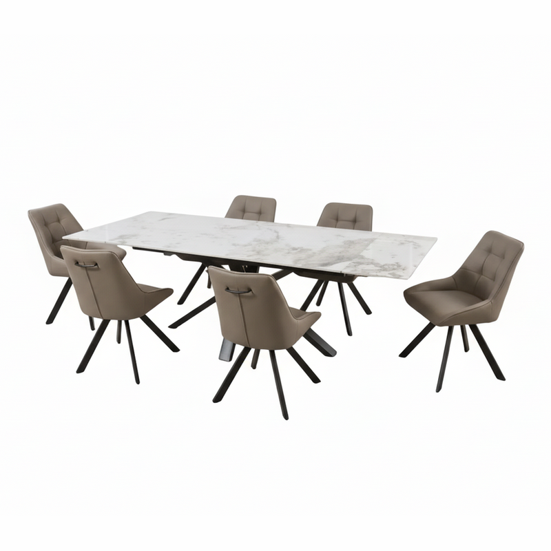 The Sorrento Dining Table with six Pedro brown cushioned chairs featuring black metal legs is displayed arranged around the table on a white background.