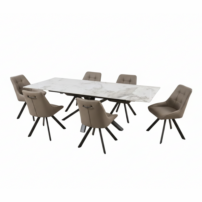 The Sorrento Dining Table with six Pedro brown cushioned chairs featuring black metal legs is displayed arranged around the table on a white background.